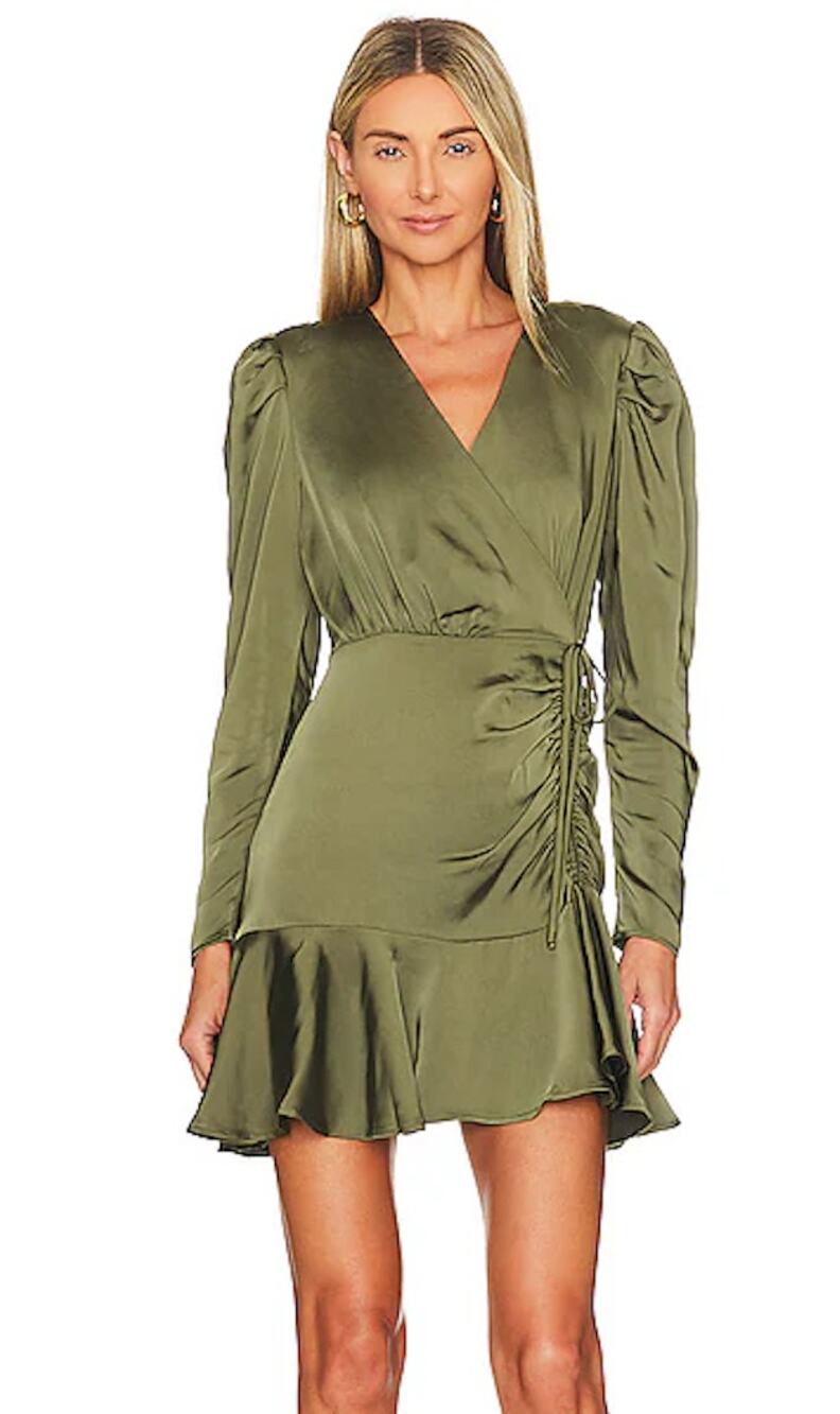 Steve Madden Nyla Dress Olive Green Ruched Ruffle Mini Dress Size 6